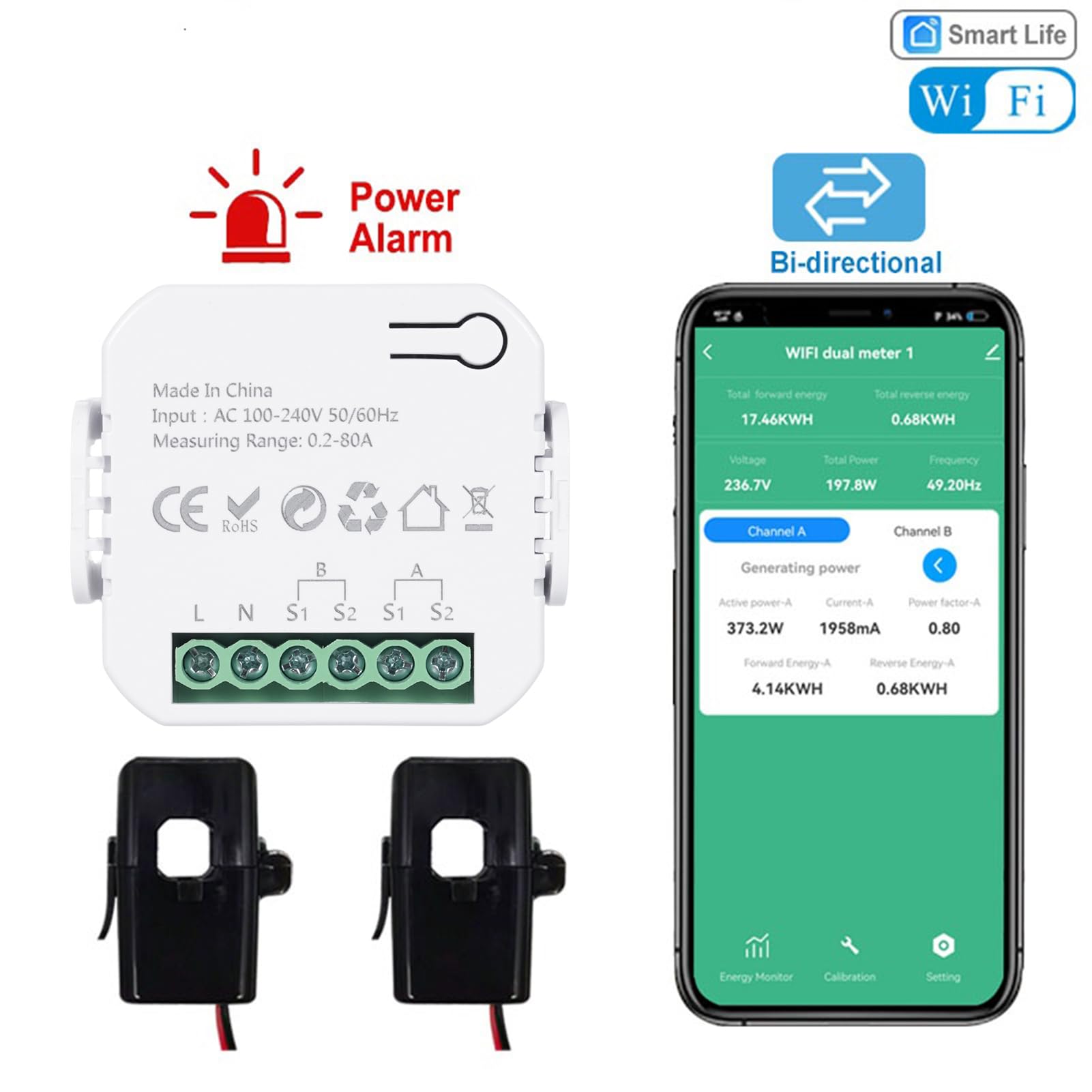 Inteligentny licznik prądu z Tuya WLAN, inteligentny dwukierunkowy monitor do wytwarzania i zużycia energii z przetwornikiem prądu 2 x 80 A CT, obsługuje monitorowanie w czasie rzeczywistym