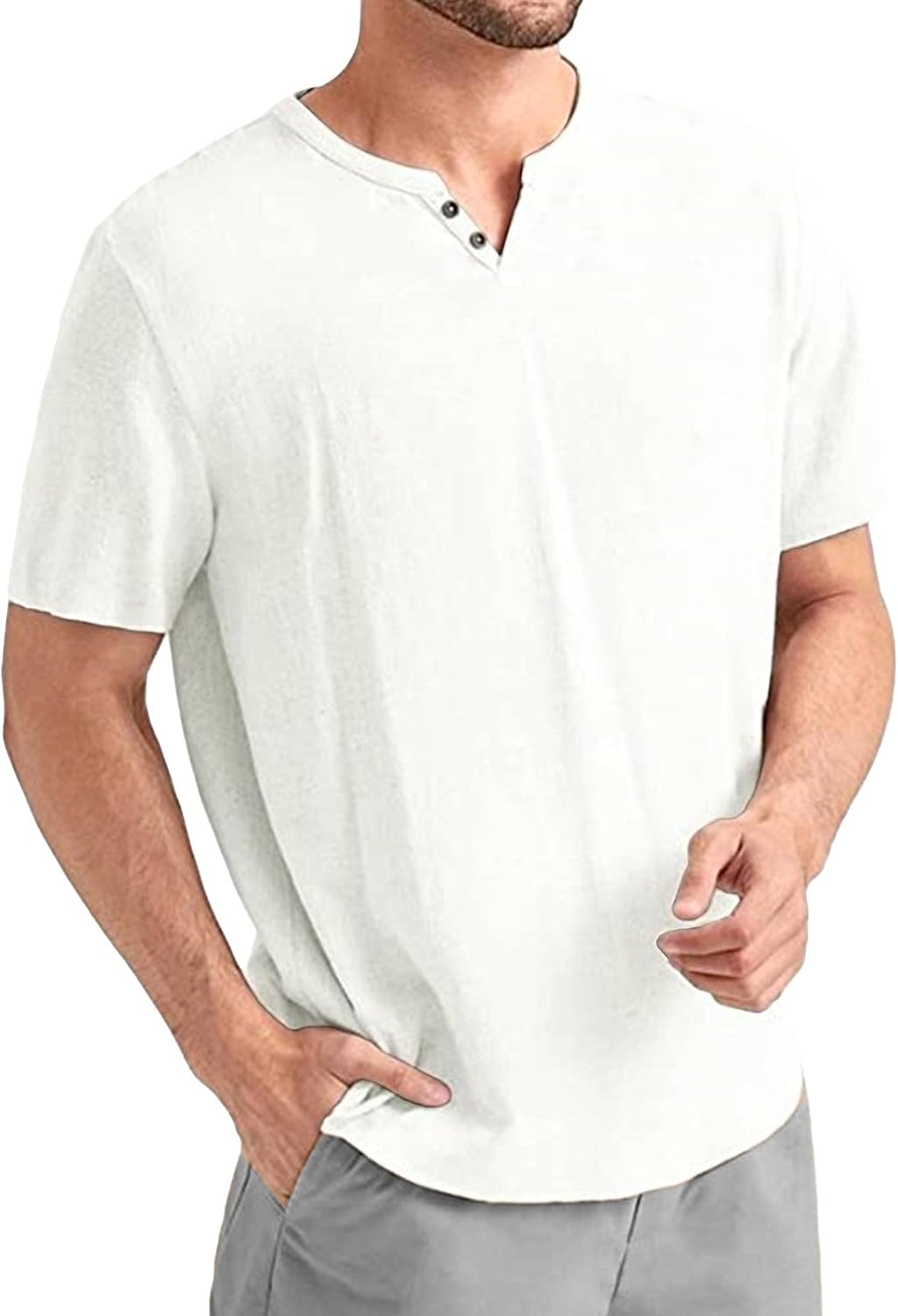 Men's Cotton Linen Henley Shirts Short Sleeve Casual Lightweight V-Neck Beach T-Shirts Summer Basic Tees Tops