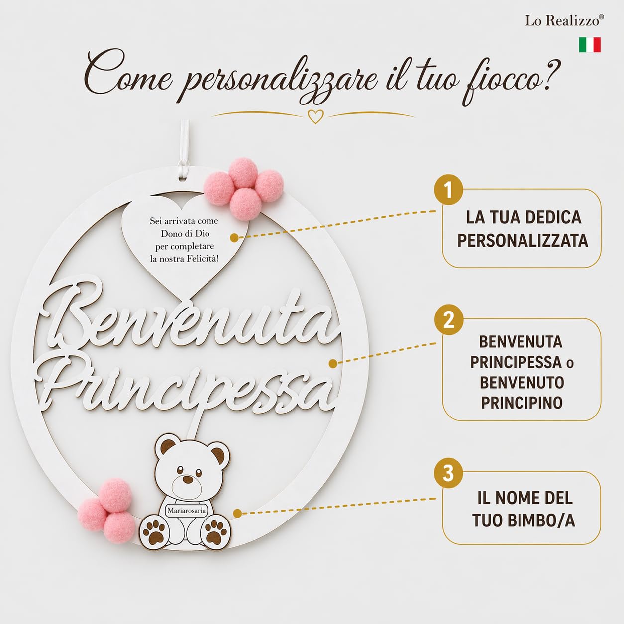 Fiocco Nascita Bimbo Bimba Personalizzato con Nome in Legno - Coccarda Nascita Moderno Fuoriporta Cameretta, Decorazione Nascita Artigianale Made in Italy con Orsetto (Rosa/Azzurro) — Lo Realizzo®