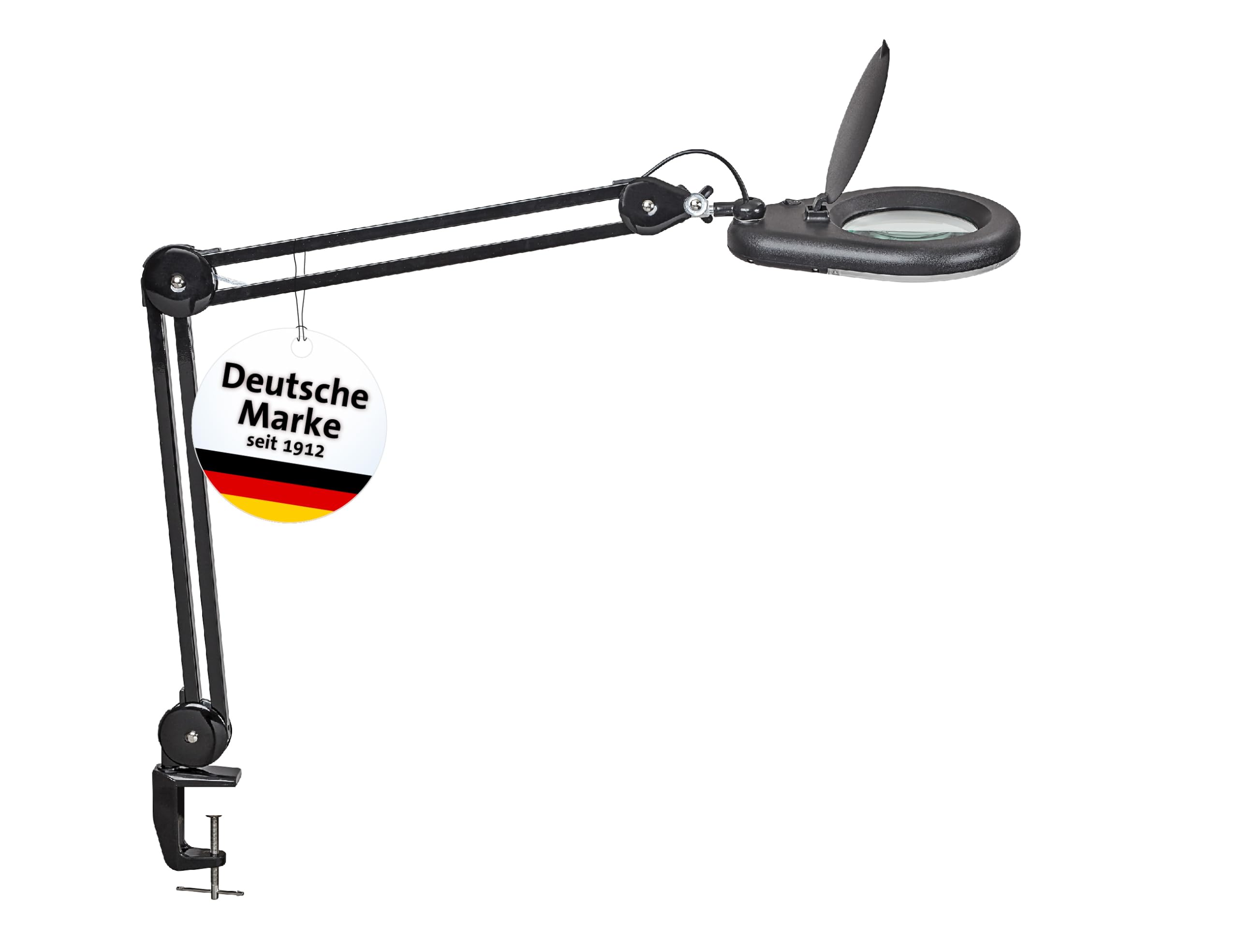 MAUL LED Lupenlampe schwarz MAULviso Tischklemme Echtglas tageslichtweiß | präzise 1.75-fache Vergrößerung, flexibel ausrichtbarer Metallarm, gleichmäßige Ausleuchtung für feine Arbeiten