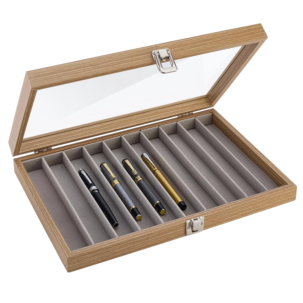 PH PandaHall 10 Slot Fountain Pen Display Box, 13.8″x9.5″x2″ Lockable Pen Storage Box Imitation Leather Pens Display Cases with Window Lid for Office Desk Collection Pencil Holders, Camel