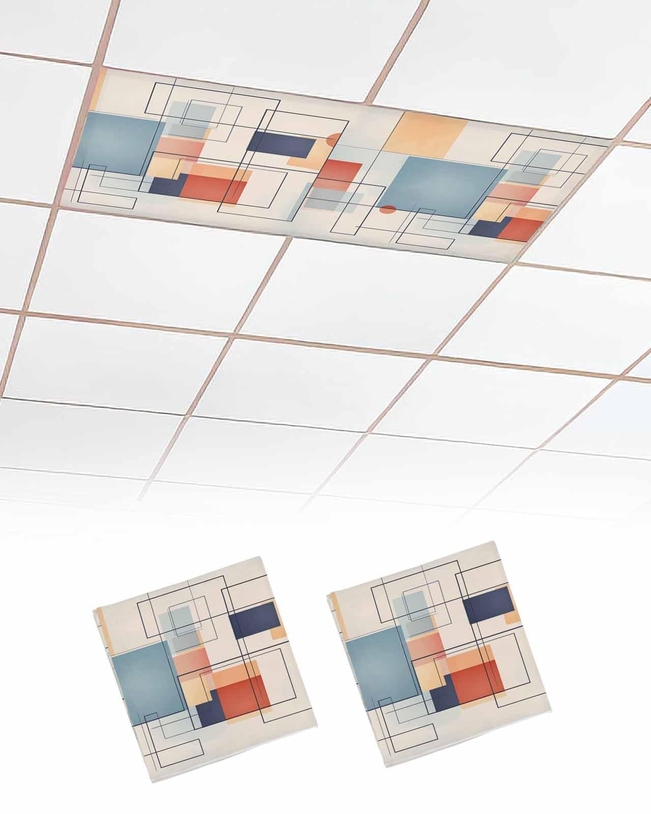 EwdeWwo Abstract 2 Pcs Fluorescent Light Covers for Ceiling Lights, Retro Oil Painting Geometric Magnetic Light Filters for Eliminate Harsh Glare Classroom Office Decoration, 4 x 2 Ft