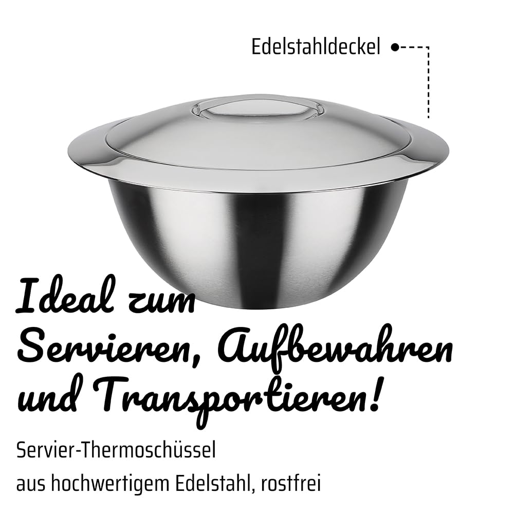 GSW Servier-Thermoschüssel – hochwertige Servierschüssel mit Deckel, 7 Liter Volumen, doppelwandige Isolierung warm und kalt – 31cm Durchmesser, Edelstahl, Silber