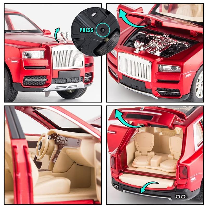 Image of Kids Model 1:24 RR Cullinan Die Cast Metal Car Pull Back Action Opening Doors with Realistic Engine Sound Lights Toy Car Gift for Boys - Red