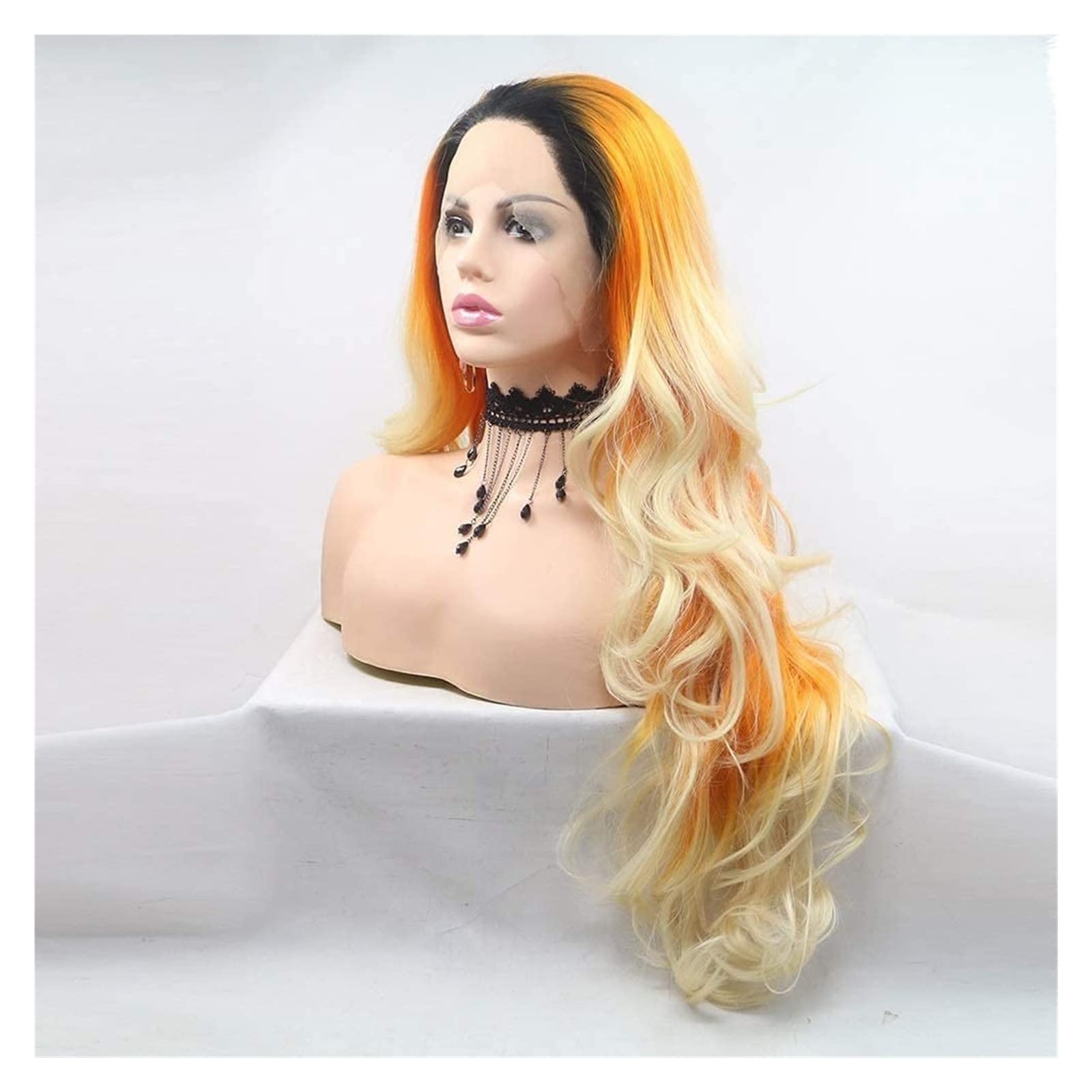 Perücke Damen Persönlichkeit Synthetische Langer Teil Wellige Perücke Ombre Orange Blonde Lockige Perücke Multi Bunte Perücken Perücke für Tägliche Party Cosplay