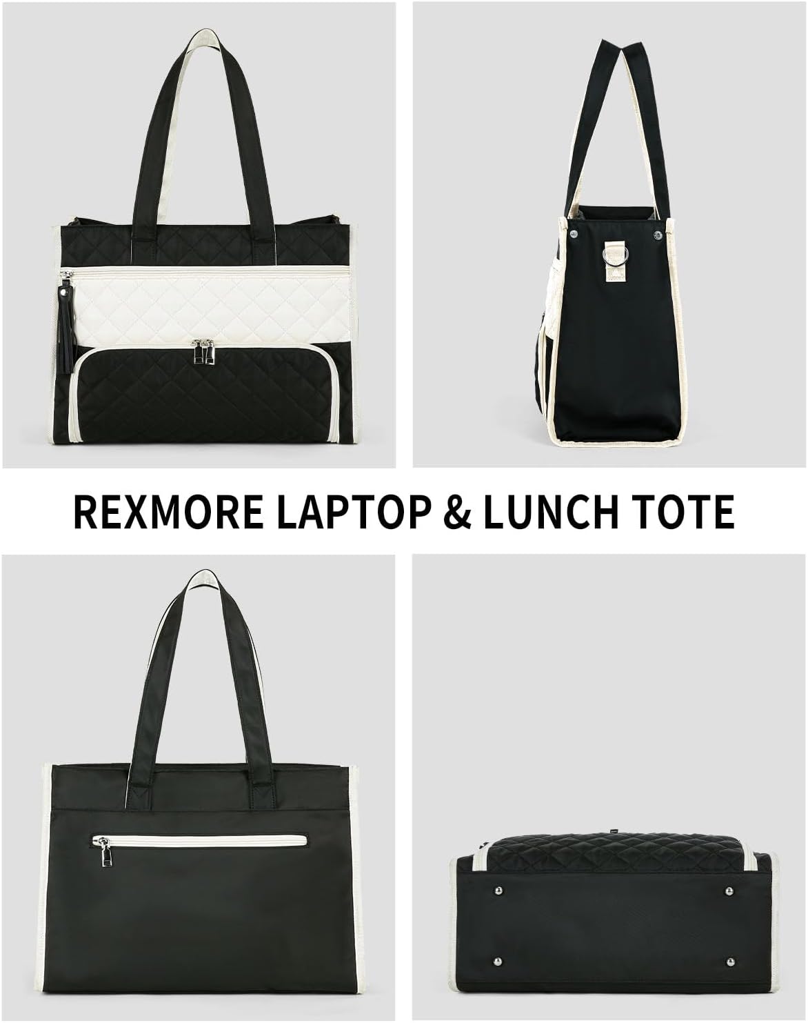 Rexmore Puffer Lunch Tote Bag for Women with Insulated Compartment & 15.6" Laptop Sleeve, 2 in 1 Quilted Computer Purse with Cup Holder for Work, College, Travel(Black-Beige) - Image 8