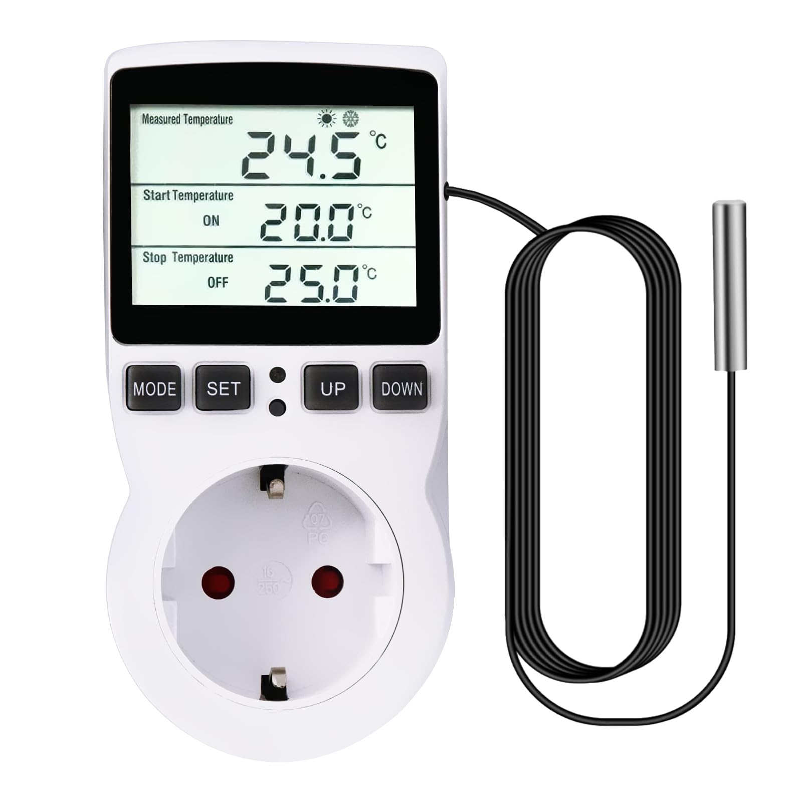 Digitaler Temperaturregler, 250V Steckdosen Heizung Kühlen Thermostat mit Fühler Steckdose und Sonde LCD Bildschirm für Reptilien, Gewächshaus, Aquarium, Terrarium