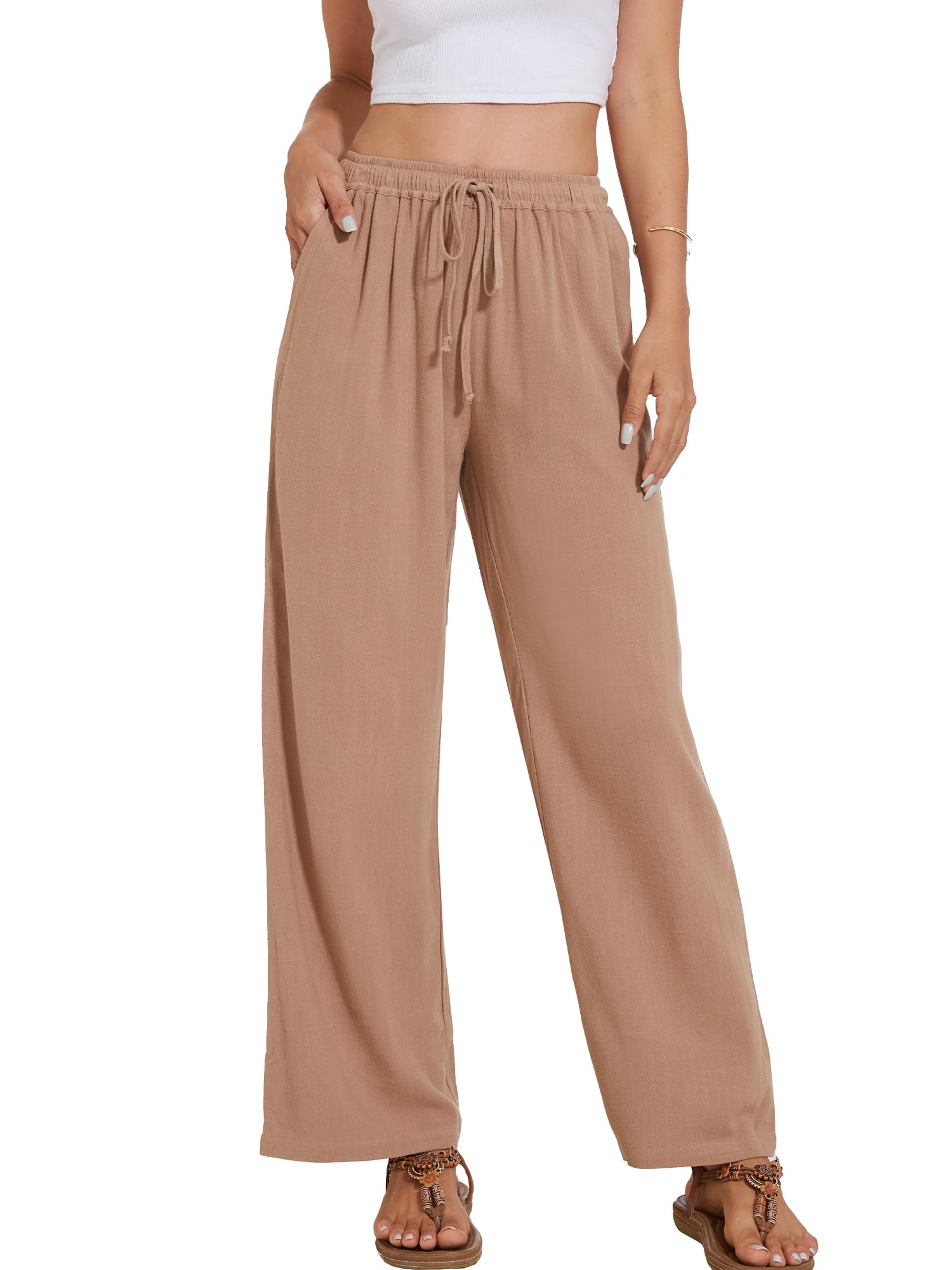 Cizayoi Women's Linen Pants Wide Leg High Waisted Drawstring Summer Beach Vacation Casual Pants with Pockets