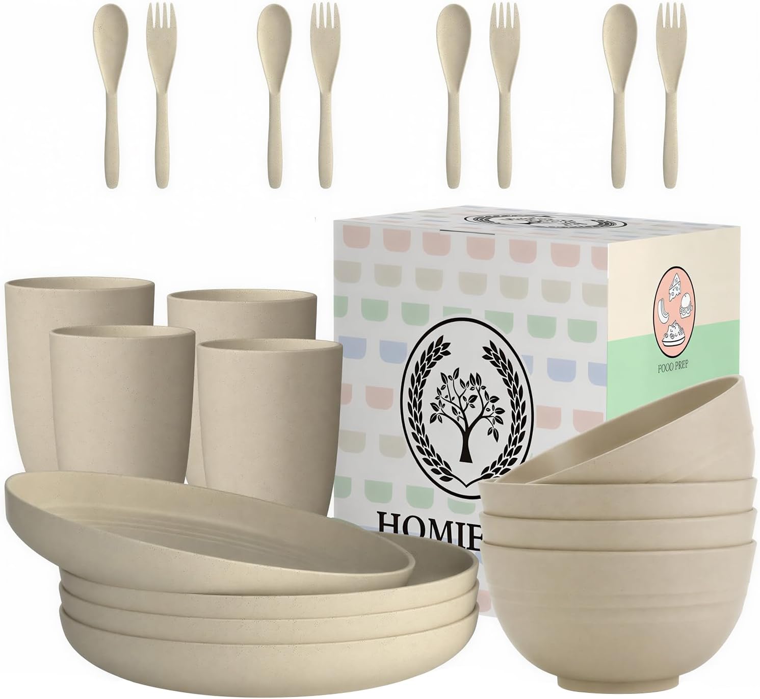 Homienly Wheat Straw Dinnerware Sets, 20pcs Lightweight Unbreakable Dinnerware, Microwave Dishwasher Safe Bowls Cups Forks Spoons set,Perfect for Camping Outdoor, Beige