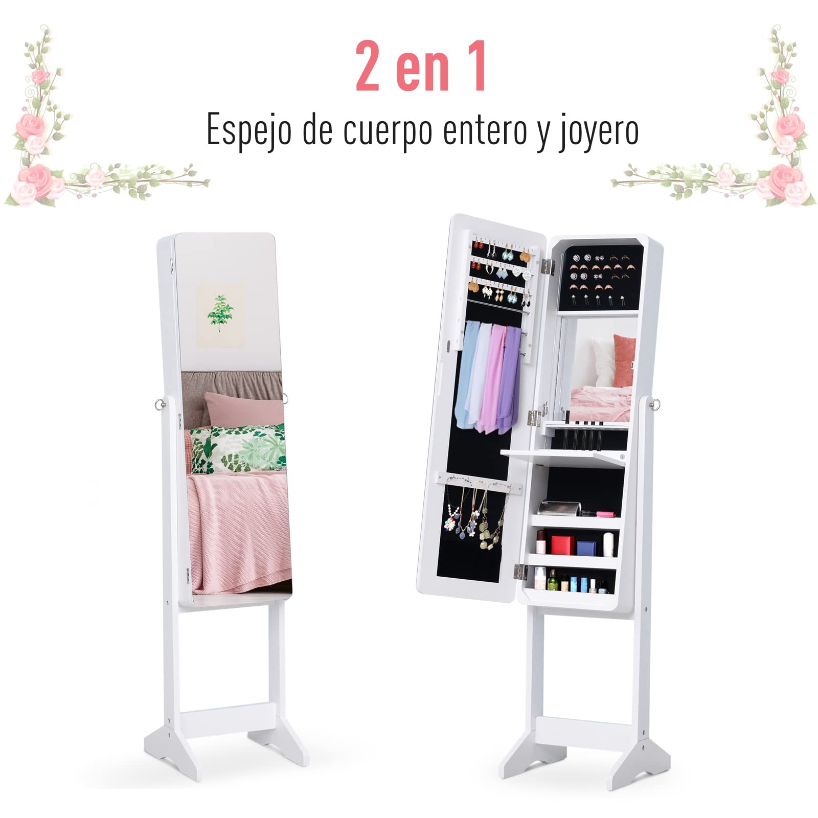 HOMCOM Joyero de Pie con Espejo Armario para Joyas Luces LED Reclinable Guardajoyas Anillos Pendientes Collares Madera 30x36x146cm Blanco