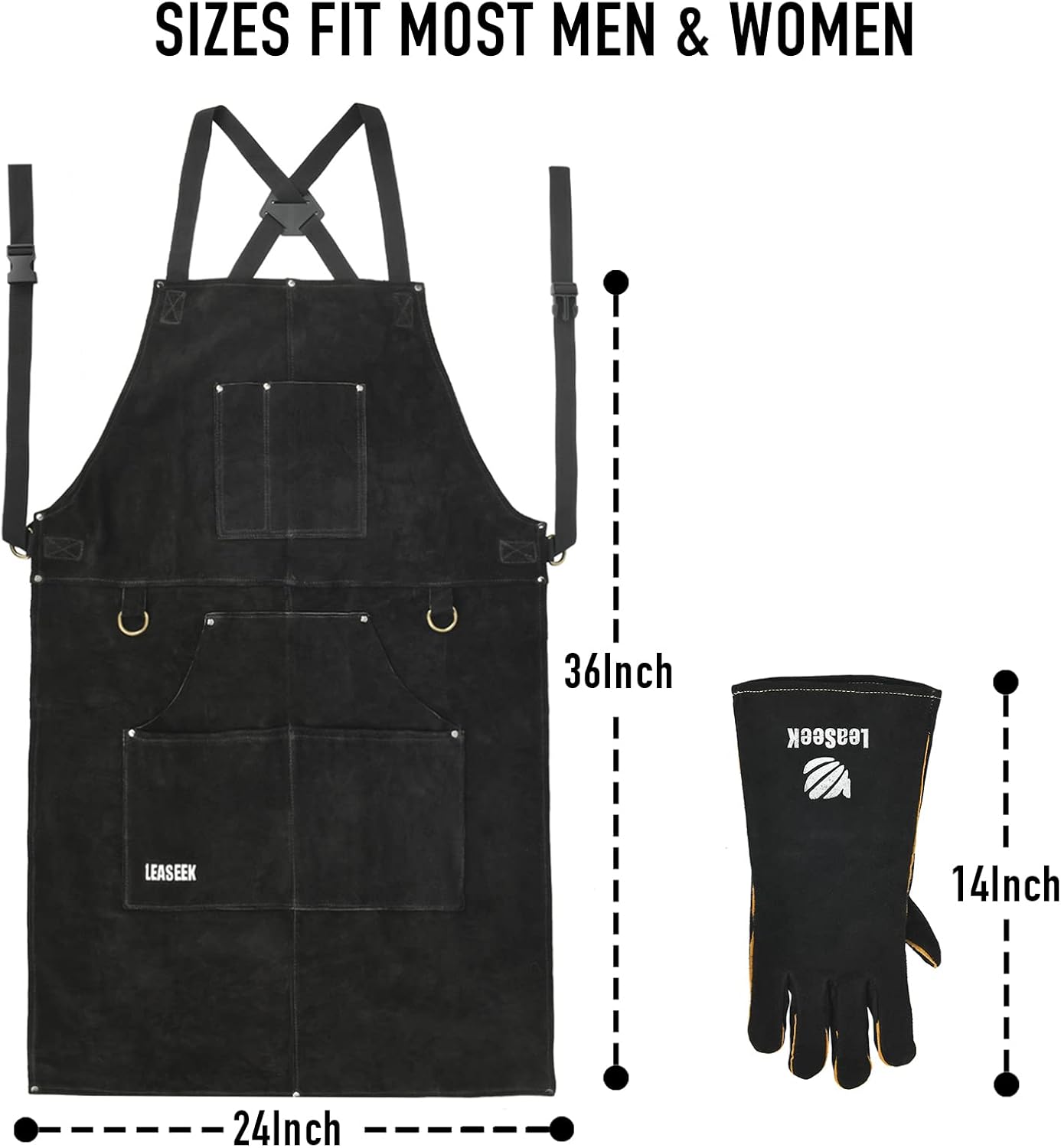 Leather Welding Apron + Welding Gloves + Welding Hood + Welding Spats - Ideal for Woodworking, Blacksmithing, Gardeners, Mechanics, BBQ - Adjustable M to XXXL