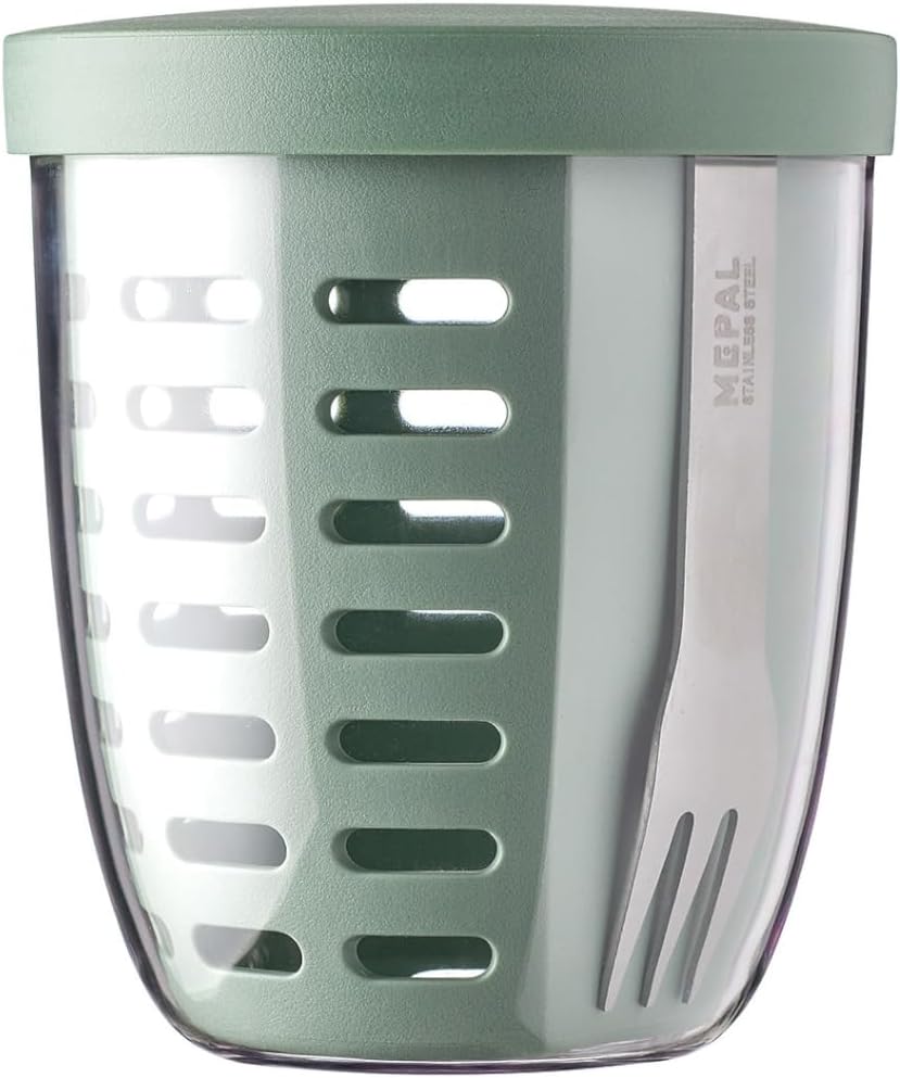 Mepal – Fruit & Veggie Pot Ellipse – Fruit Container – Ideal For Fruit and Vegetables On The Go – Fruit Box With Fork & Colander – 600 ml – Nordic Sage