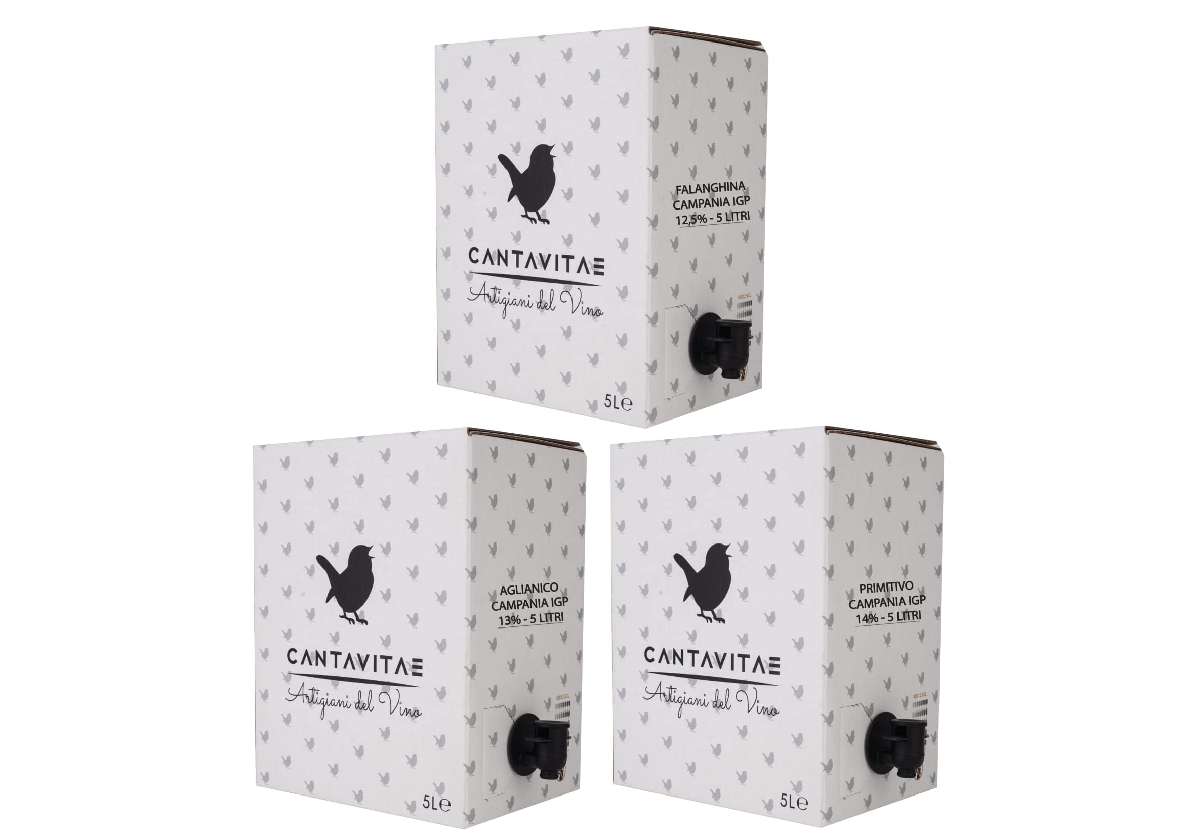 1 FALANGHINA 12,5% + 1 PRIMITIVO 14% + 1 AGLIANICO 13% = 3 CONFEZIONI DA 5 LITRI (BAG IN BOX) DI VINI MISTI IGP CAMPANIA