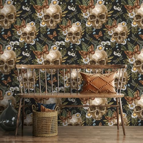 VEELIKE Tapete Totenköpfen Farnen Gothic Dunkle Blumentapete Vintage Tapete Blumen Schwarz Mustertapete Tropische Blätter Dschungel Tapeten Kinderzimmer Badezimmer Schlafzimmer Flur 44.5cm x 300cm