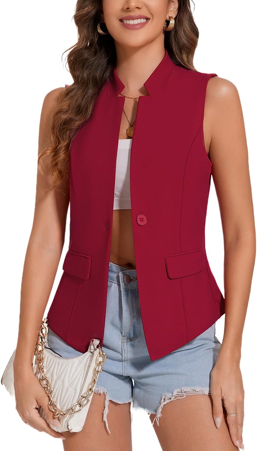 MINTLIMIT Women Button Front Sleeveless Blazer Vest Summer Casual Notch Collar Office Lightweight Vests Blazers with Pockets