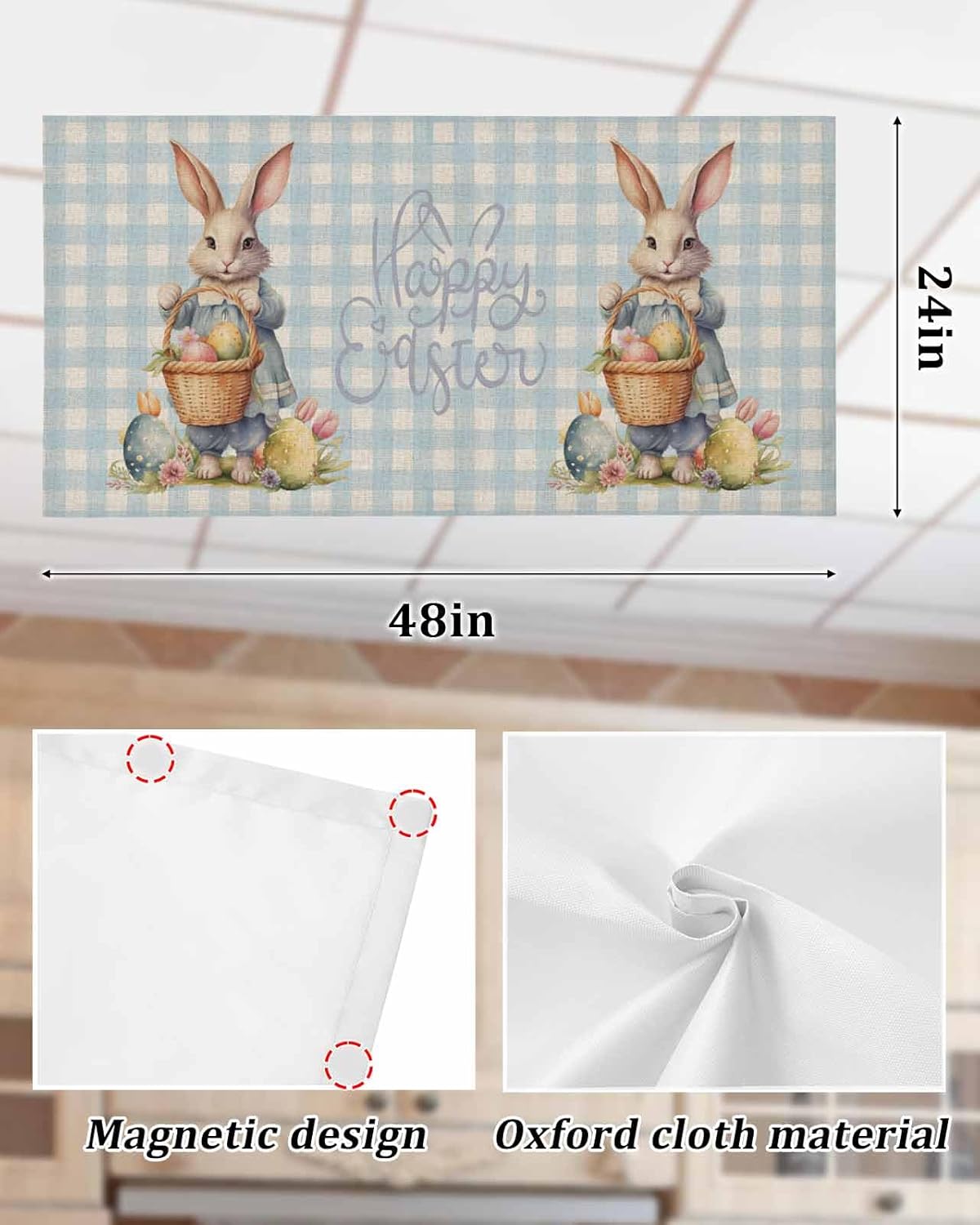 4PCS Happy Easter Bunny Rabbit Eggs Tulip Blue Plaid Retro Linen Fluorescent Light Cover, Ceiling Lampshade Decor with 10 Magnets Fixtures, Print Light Filters Cover Panel for Any Place Supplies