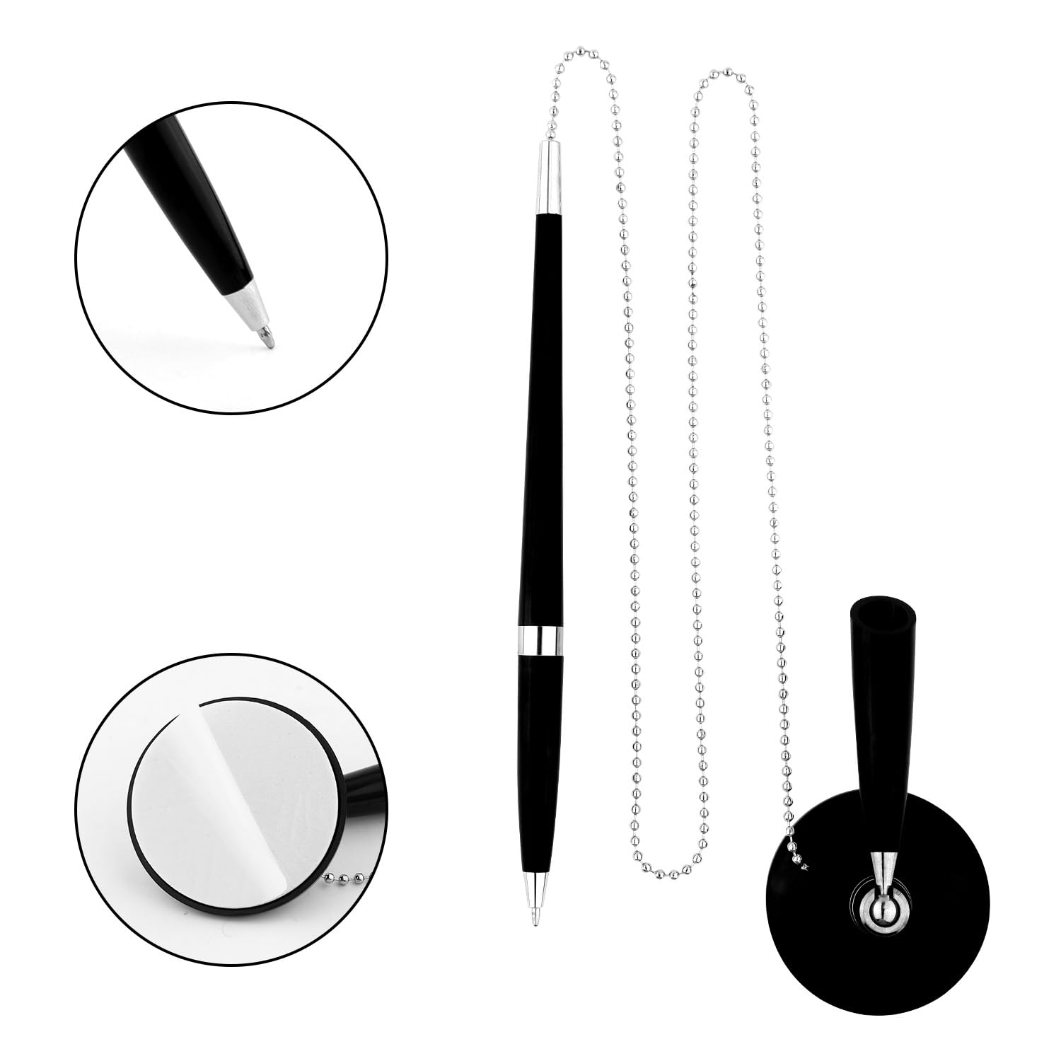 LUTER 4 Penne Con Catena E Base – + 16 Ricariche – Penna Sicura Per Ufficio, Banca E Sportelli – Catena Metallica 58cm