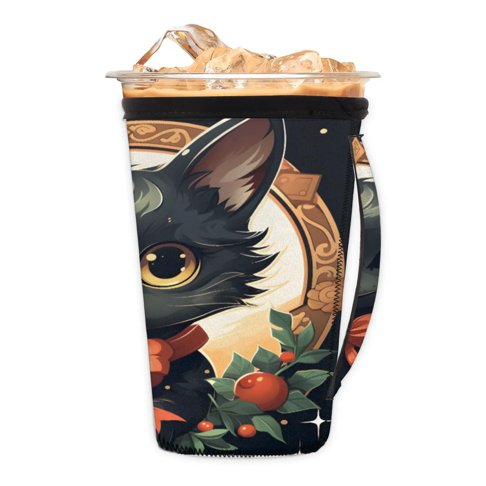 Christmas Cute Cartoon Cat Berry Reusable Neoprene Coffee Sleeve with Handle Insulated Iced Coffee Cup Holder Reduces Condensation Fits 24-28 oz Cups M