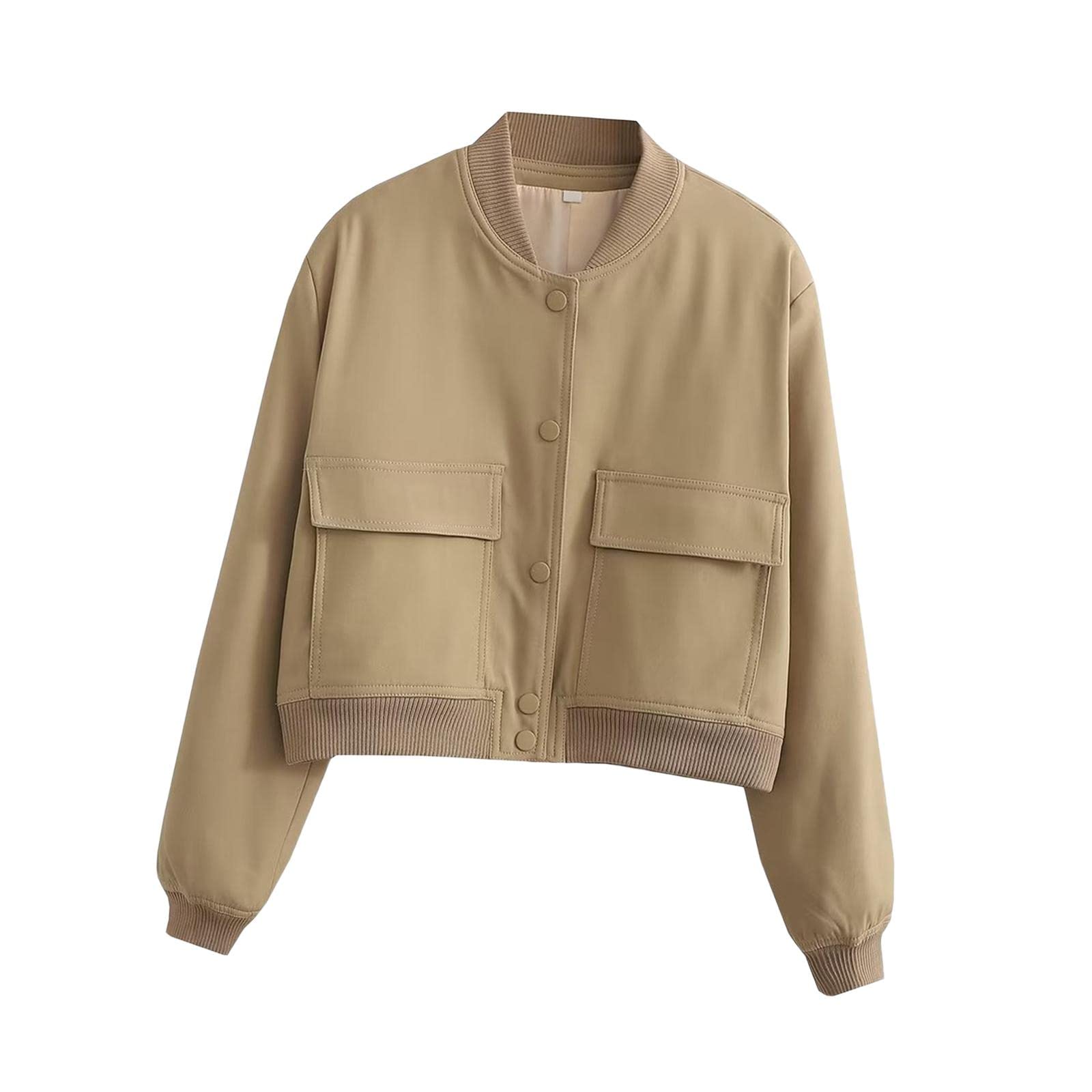 nivaa Women's Jacket Spring for Women Ladies Cropped Two Large Pockets Casual Coat L Khaki-picture-25