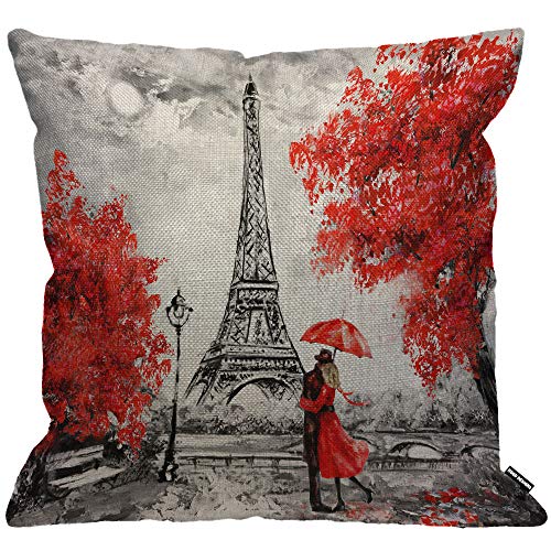 HGOD DESIGNS Housse de coussin motif Tour Eiffel, peinture à l'huile, romantique, automne, érable, taie d'oreiller décorative pour la maison, le salon, le...