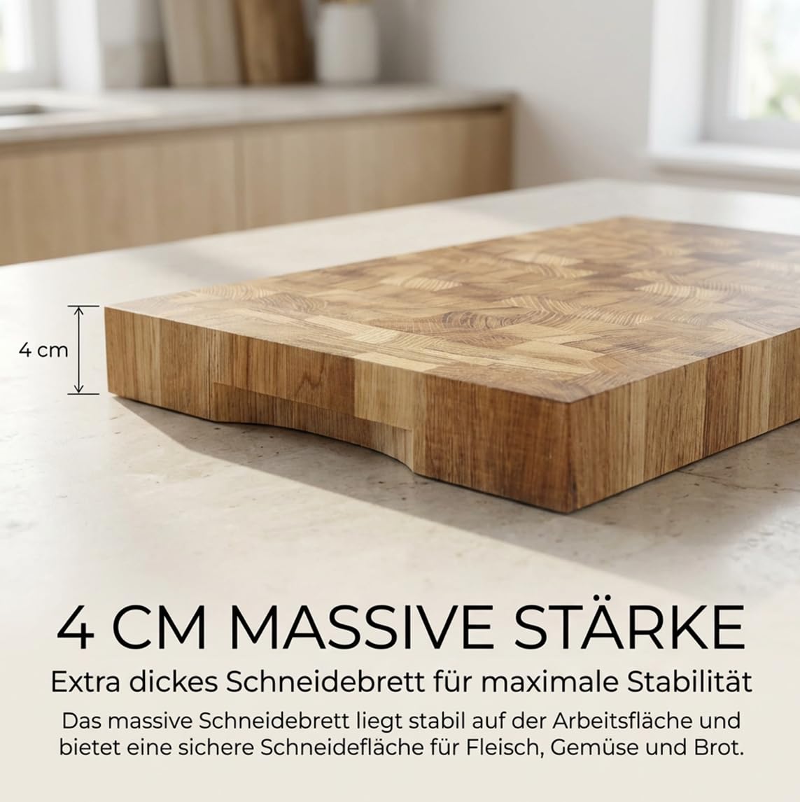 Eichen Schneidebrett 40x30x4 cm – Massives Stirnholz Schneidebrett aus Eiche mit Griffmulde – Extra Dickes Holz Schneidebrett für Fleisch, Gemüse & Brot – Profi Küchenbrett