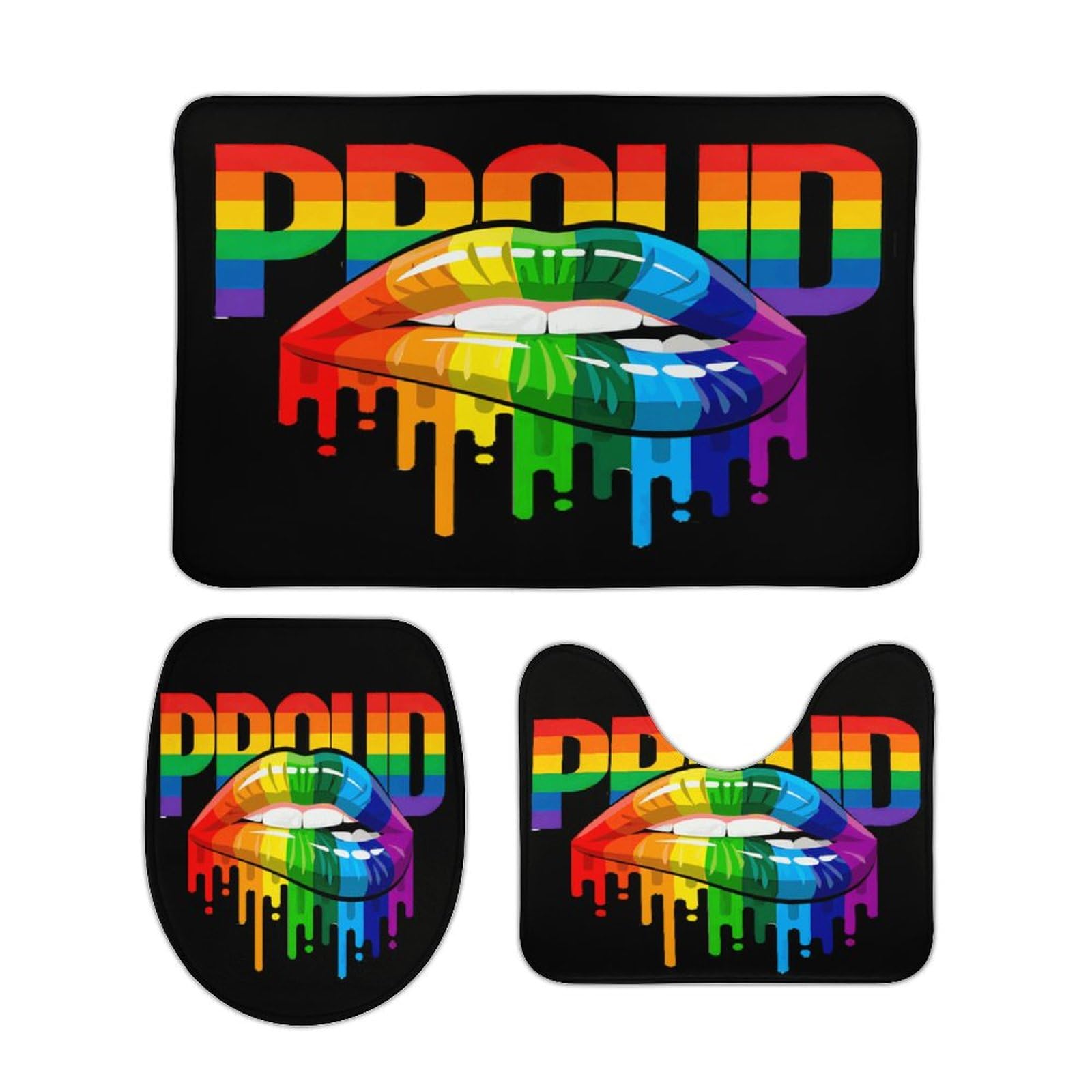 FSUWEN Rainbow Colorful LGBT Pride Lips 3-Piece Bathroom Rug Set Non-Slip Toilet Mat Absorbent Bath Rug Set Shower Mat Bathroom Special.