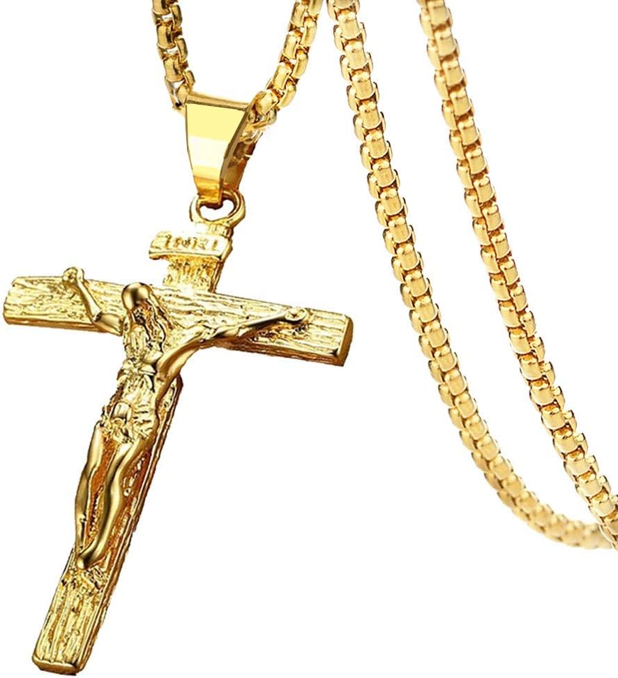 Axmerdal Stainless Steel Cross Necklace Jesus Christ Crucifix Cross Lord's Prayer Pendant for Men&Women 24 iNCH BOX CHAIN
