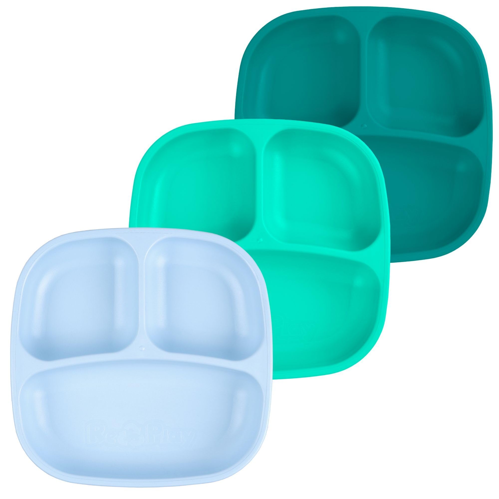 Re-Play Divided Toddler Plates Set of 3 - Deep-Walled 3 Compartment Kids Plates for Picky Eaters - Dishwasher &amp; Microwave Safe - BPA-Free - Made in USA, Sea Glass