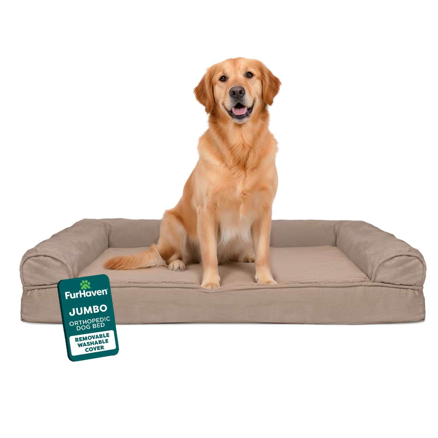 Furhaven Orthopedic Dog Bed for Large Dogs w/ Removable Bolsters & Washable Cover, For Dogs Up to 95 lbs - Luxe Faux Fur & Performance Linen Sofa - Woodsmoke, Jumbo/XL