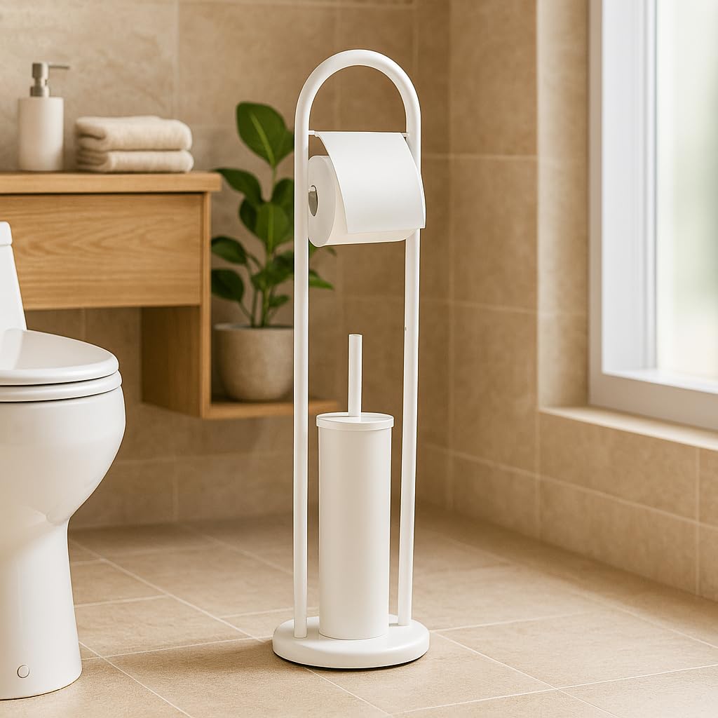 Piantana Portarotolo e Scopino Bianco, Porta Carta Igenica e Scopino da Terra, Scopino Wc con Porta Carta Igenica