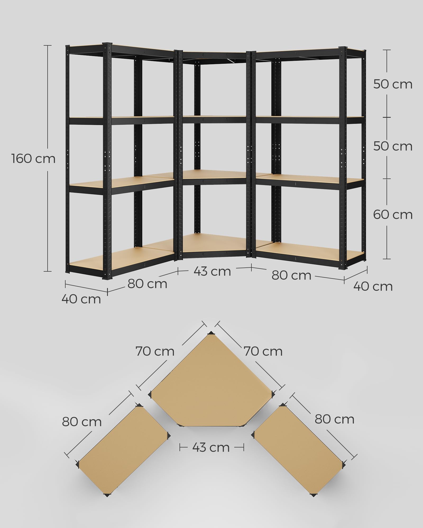 SONGMICS Estantería esquinera de 4 Niveles, estantería de Garaje, estantería de Metal Resistente, para Garaje, trastero, almacén, Cargas de 1500 kg, Tinta Negra y Beige Natural GLR056B03