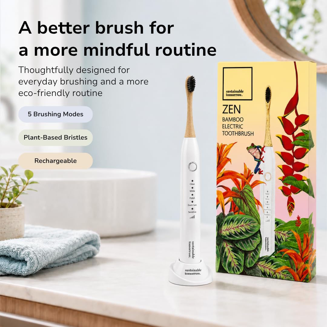 Sustainable Tomorrow Zen Bamboo Spazzolino da denti elettrico per adulti, modello wireless perlato, ricaricabile con setole morbide a base vegetale, teste in bambù, 5 modalità e batteria a lunga