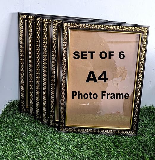 Image of Stuthi Arts Set of 6 A4 Size Photo Frames (8.3 x 11.7 inches) with Stylish Pattern, Wall Hanging Frames for Certificate, Photos and Art (6, Golden Brown)