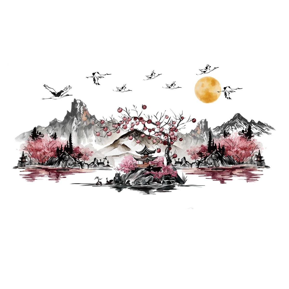 Japanische Berglandschaft Wandaufkleber Kirschblütenbaum mit Pagode, große Größe 125 x 62 cm