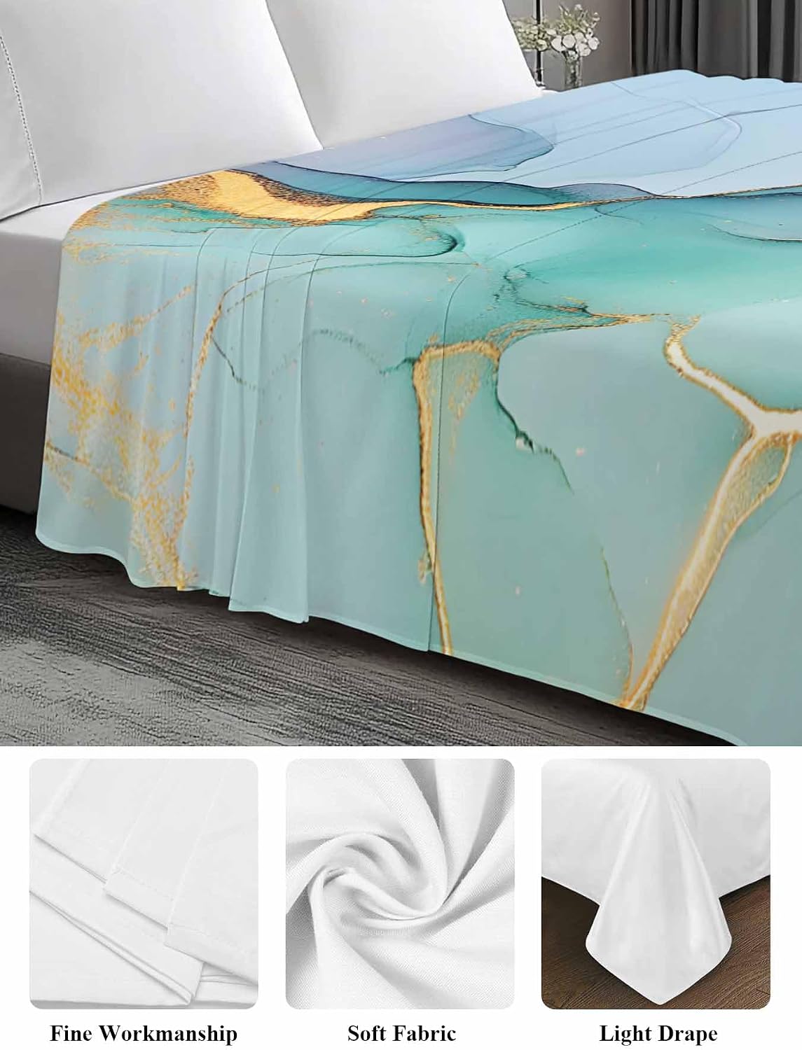 Cal King Size Flat Bed Sheet,Marble Blue Green Microfiber Brushed Single Flat Sheet Only,Abstract Ombre Gold Crack Modern Wave Soft & Breathable Top Sheet Lightweight Quilt Hotel Luxury Bedding