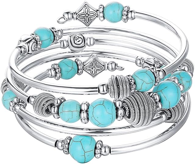 BULINLIN Turquoise Beaded Chakra Bangle Bracelet, Silver Layered Jewellery Wrap Bracelet with Natural Stone Birthday Gift for Women