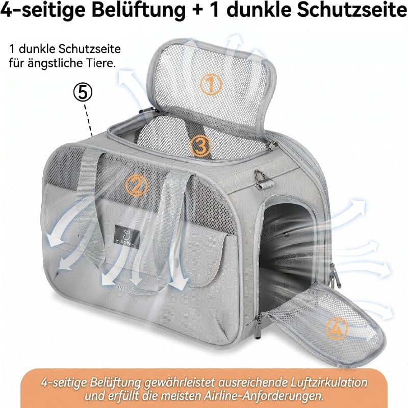 A 4 PET Transportbox Katze, Hundetasche Flugzeug für Kabine/Auto, Leicht Hunde Flugtasche mit patentieren Sicherheit Schnallen/4 Mesh/Aufbewahrungstasche, Grau