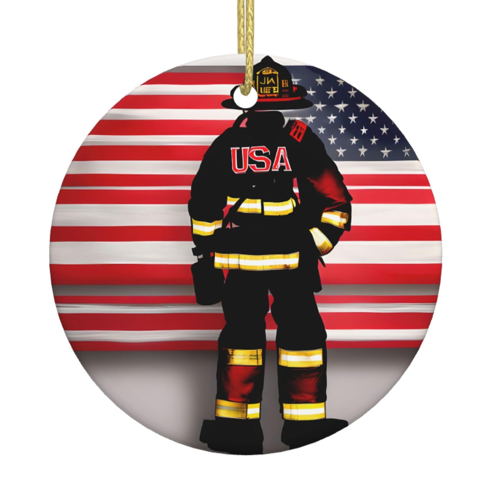 Red Stripe Firefighter Usa Flag Print Christmas Ornaments, Ceramic Hanging Ornament, Round Shape Decorations