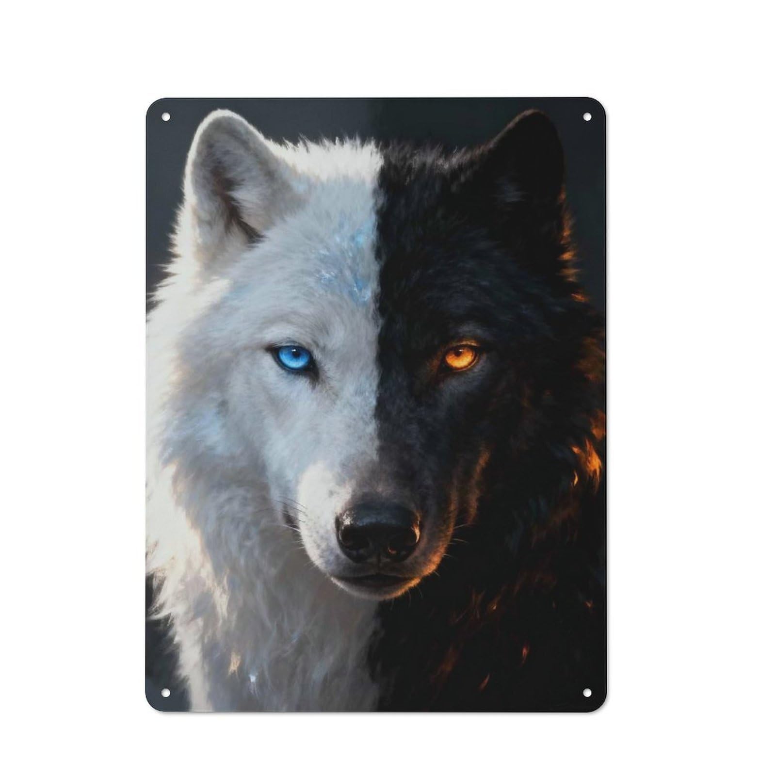 Tin Sign 40x30cm with Yin And Yang Wolf Portrait for Pub Or Café, Rustic Decor, Wall Decoration for A Recently Updated Pub And Café