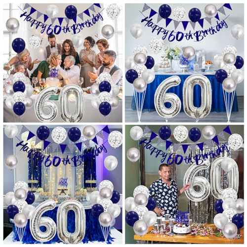 Image of 60th Birthday Decorations for Men Women, Blue Silver White Birthday Balloons, Blue Happy 60th Banner Cake Topper Number 60 Foil Balloon for 60 Year Old Party Decoration