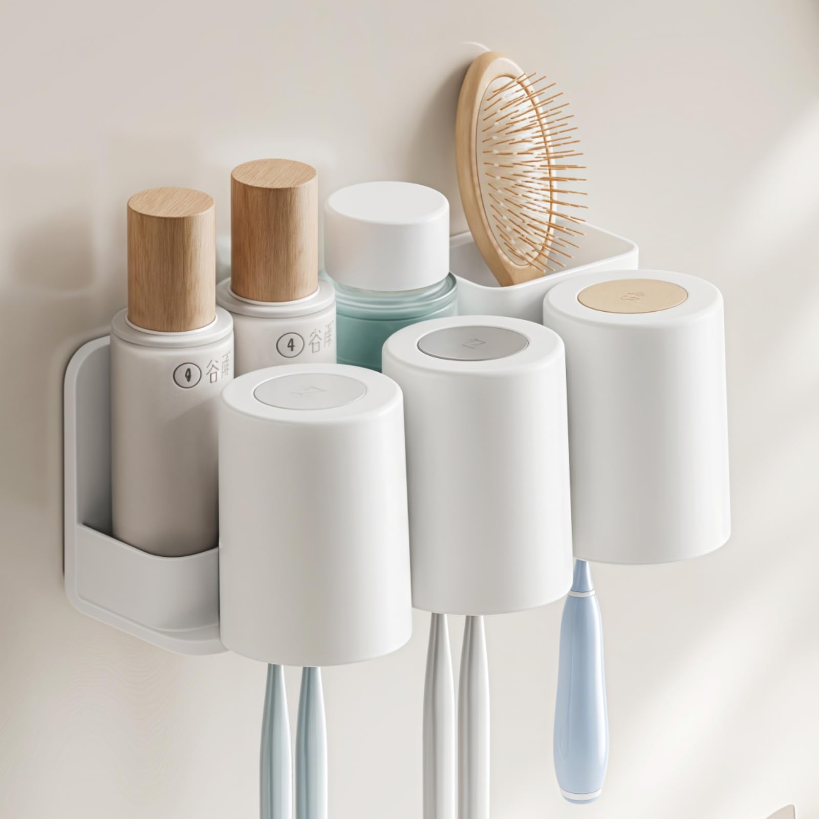 Porte Brosse à Dents Mural Auto-Adhésif - 6 Emplacements + 3 Tasses + Support Dentifrice