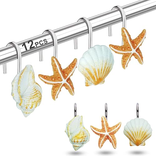 Miniatura 7 de Ganchos para cortina de ducha, 12 anillos de ducha de concha de mar con brillo de perlas, ganchos decorativos antioxidantes para la playa, baño,