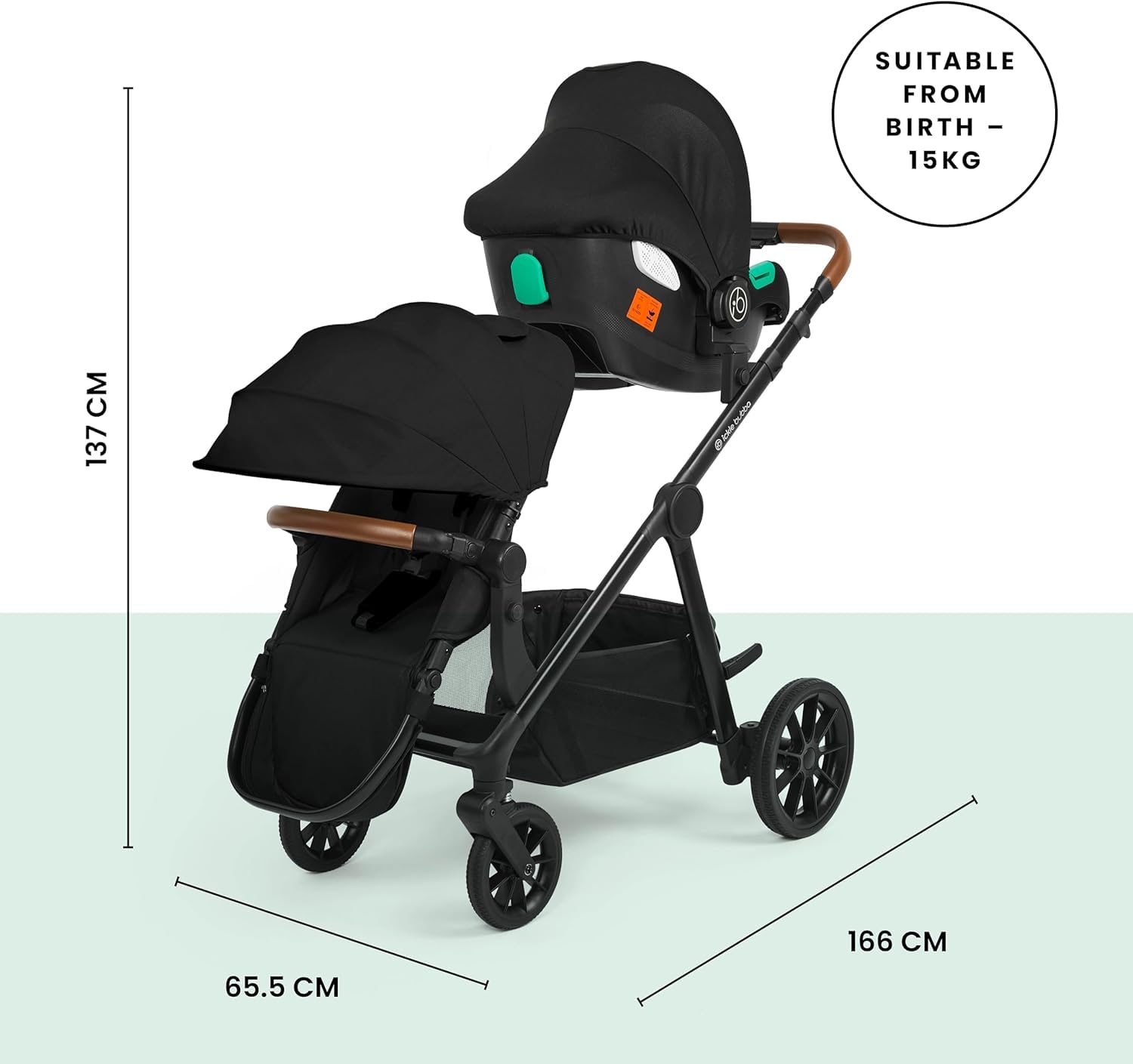 Système de voyage Ickle Bubba Virgo Twin 18 pièces avec sièges auto i-Size Cirrus et base ISOFIX, adapté de la naissance à 15 mois – poussette tandem et accessoires (Noir)