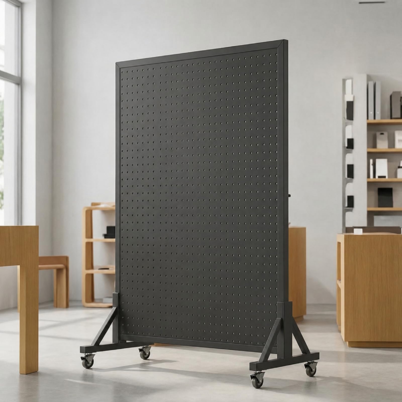 Pannello Forato con Ruote Autoportante Pannello Espositivo Mobile Versatile Espositore a Griglia con Ruote per Negozianti, Commercianti, Fiera, Nero, 100x120 Cm
