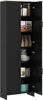 HOMCOM Alacena de Cocina Armario de Cocina Mueble Auxiliar de Cocina con Puertas y Estantes Ajustables Antivuelco para Comedor Salón 60x30x170,5 cm Negro