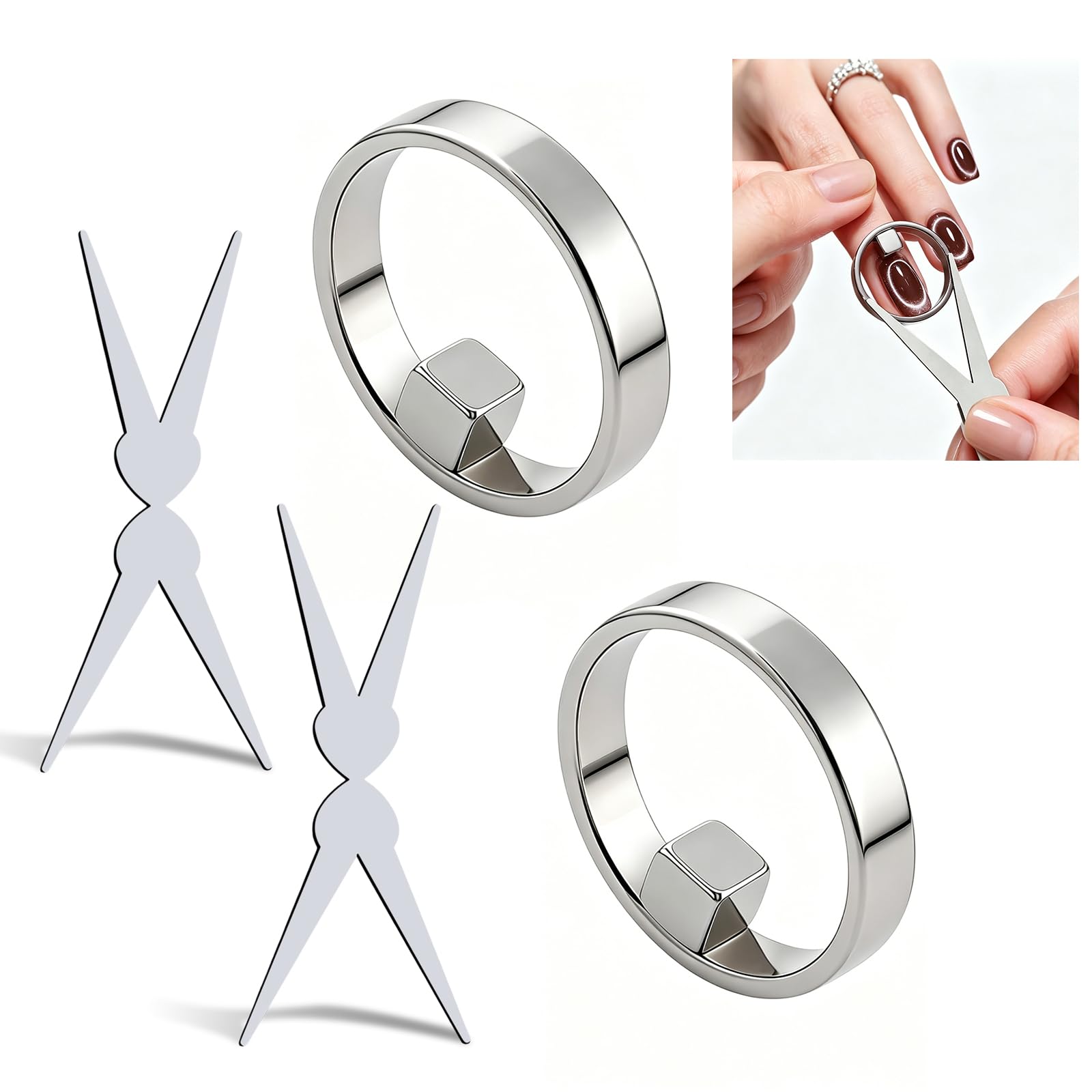 Ring-Shaped Cat-Eye Magnets, Ring Magnet for Nails, Y & Rin-Gmagnet(Wide Beam,Heart,French), 3d Nail Magnet Tool, for Home DIY, Beginners & Nail Artists (2pcs)