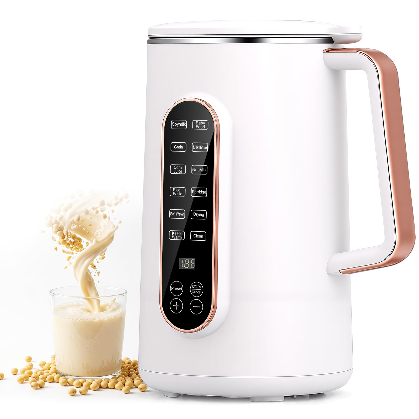 Moongiantgo 1,2L 8-in-1 Macchina per Latte Vegetale, Senza Filtraggio | Con 10 Lame, Avvio Ritardato 12h, Autopulizia e Mantenimento Caldo, Machine à Lait de Soja Multifunzione per Avena