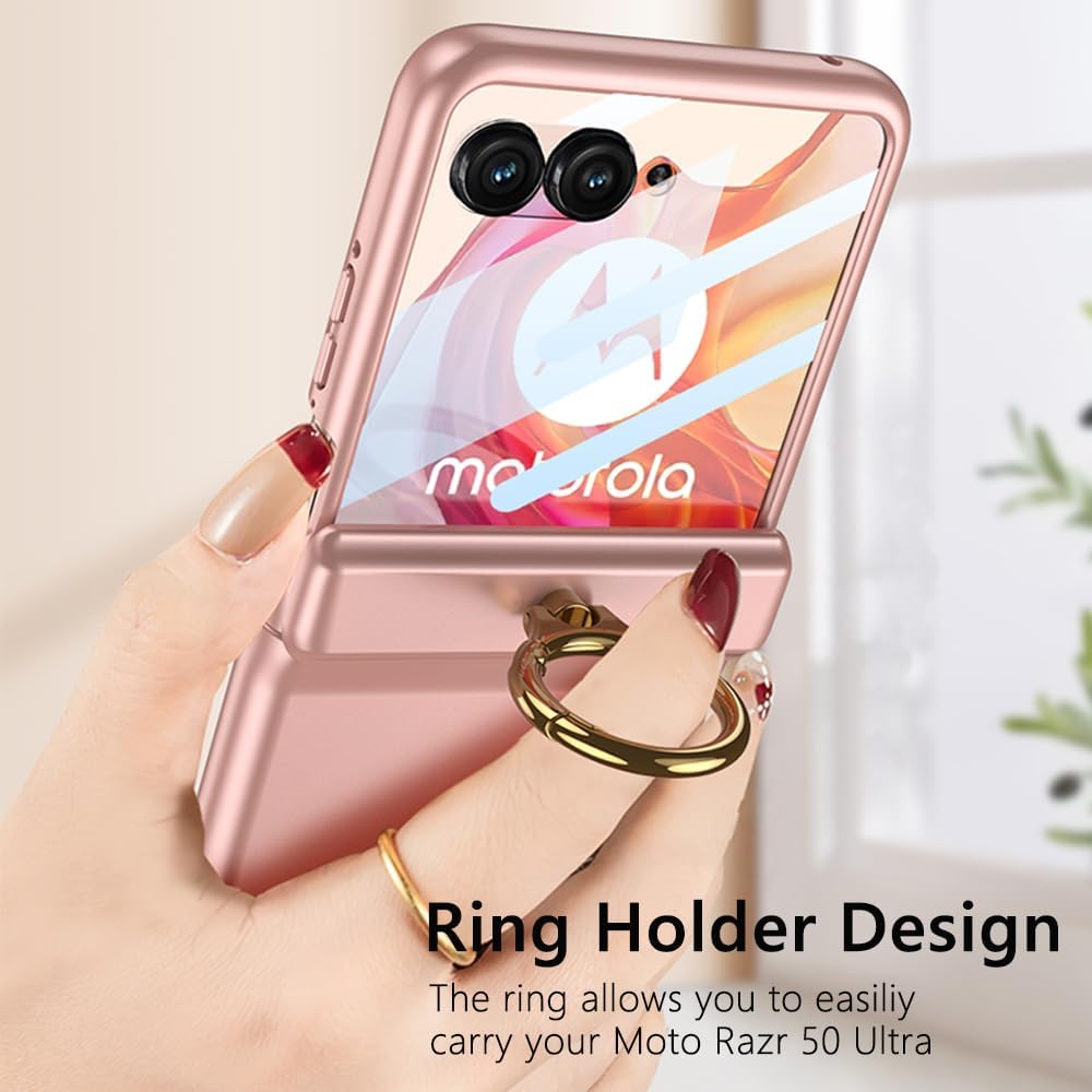 for Motorola Razr 50 Ultra Case with Built-in Front Screen Protector and Ring Kickstand & Magnetic Hinge Protection, Hard PC Slim Shockproof Protective Cover for Motorola Razr+ 2024(Pink)