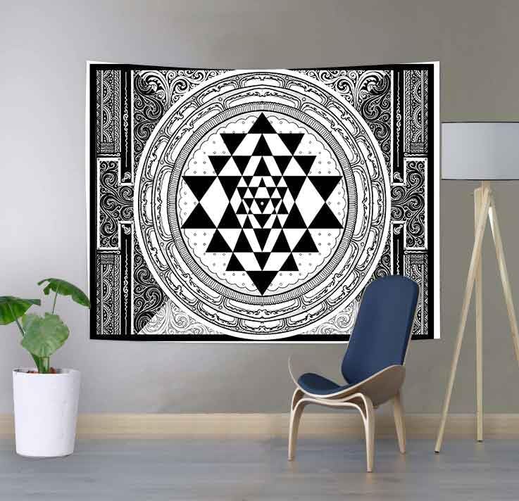 SHRAPHY Tapiz Sri Yantra de 60 x 40 pulgadas, tapiz de meditación sentada, geometría sagrada, tapiz de arte blanco y negro para colgar en la pared