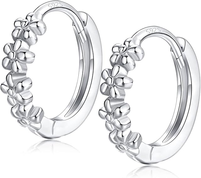 Small Hoops for Women Girls Beautiful Daisy Flower Cluster Diameter 925 Sterling Silver Post Hypoallergenic Small Sleeper Hoops, 3 Color in Silver/Gold/Sliver Gold 10mm/12mm